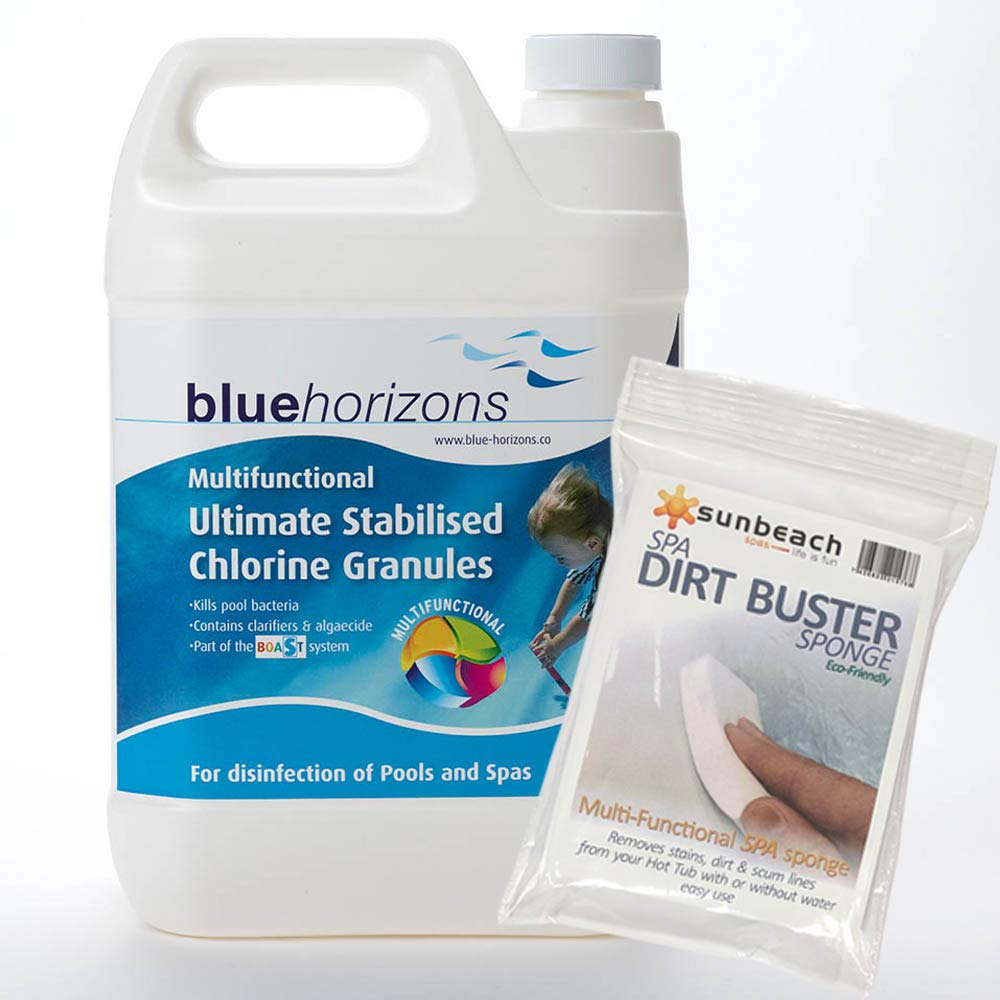 Blue Horizons 2kg Multifunctional Ultimate Stabilised Chlorine Granules for Hot Tubs, Spas and Pools with FREE Sunbeach Dirt Buster Sponge