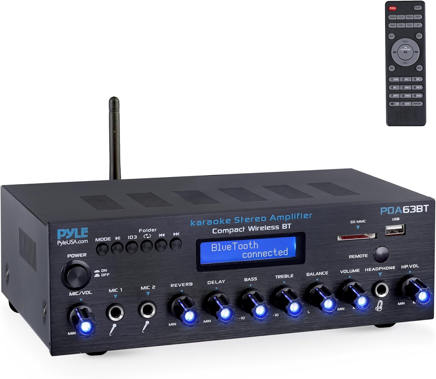 Pyle Amplificatore Audio Stereo Wireless BT, Multi Canale, 200 Watt, Ricevitore Audio Domestico con Radio FM, USB SD, AUX, RCA, Ingresso Microfono, Antenna BT e FM