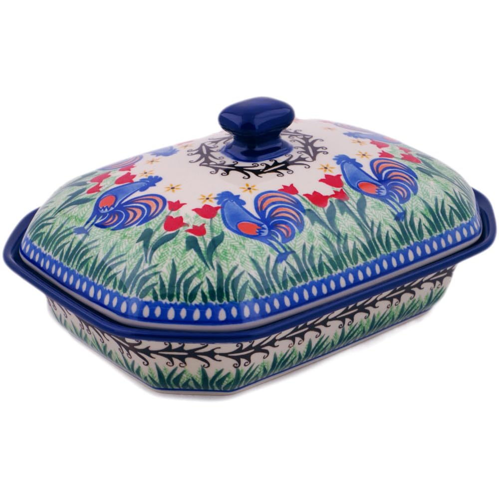 Authentic Polish Pottery Dish with Cover Signature UNIKAT in Spring Chickens Design Handmade in Boles?awiec Poland by Ceramika Artystyczna + Certificate of Authenticity