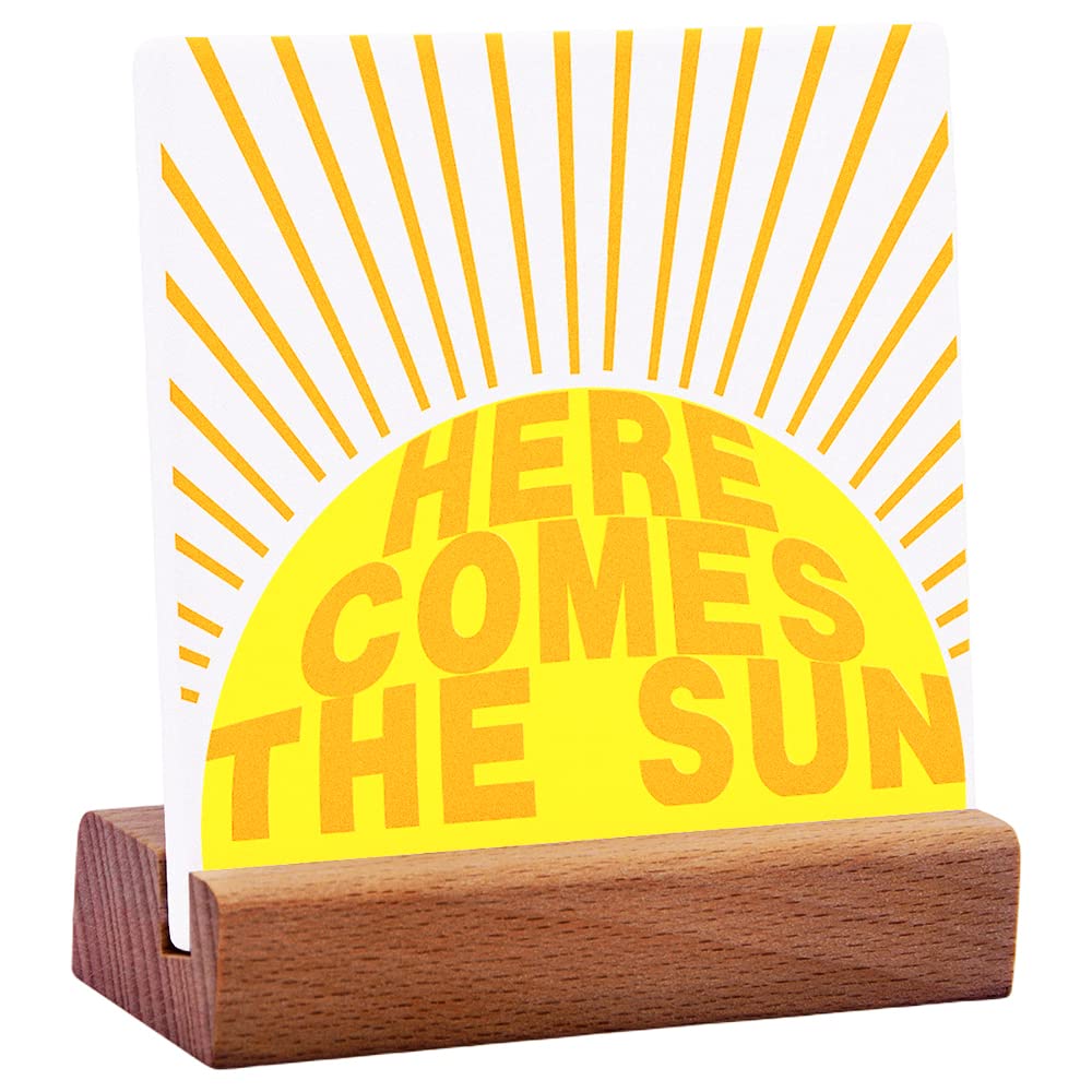 Inspirational Desk Decor Motivational Ceramic Quote Plaque with Wooden Stand Positive Sign Desk Decor for Home Bedroom Office - Encouragement Gift for Teens Girls Boys Women Friends (Here Comes The Sun)