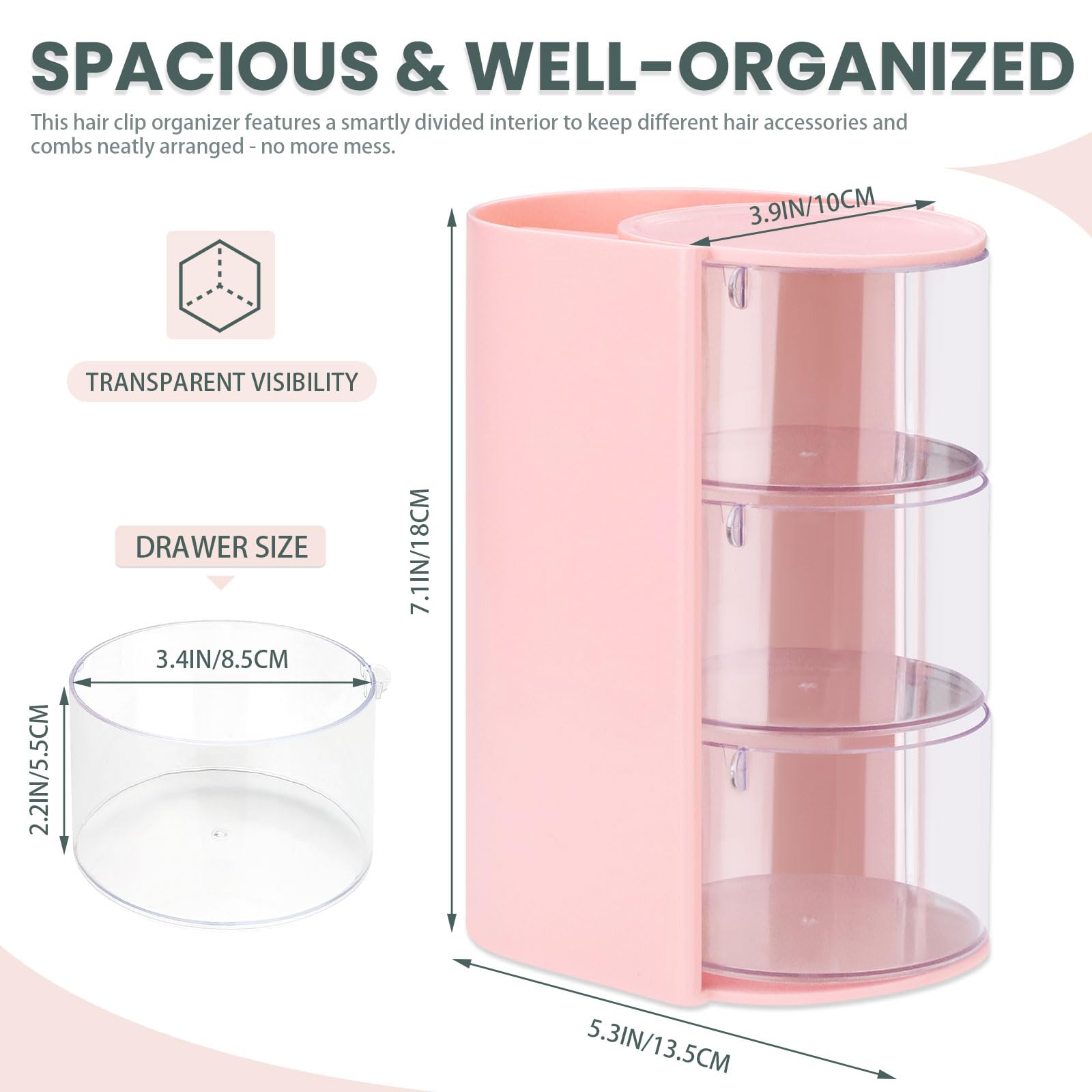 Modixun 2 Pack Hair Accessories Organizer with Hair Brush Holder, 3-Tier Clear Rotatable Drawer Makeup Sponge Holder - Image 2