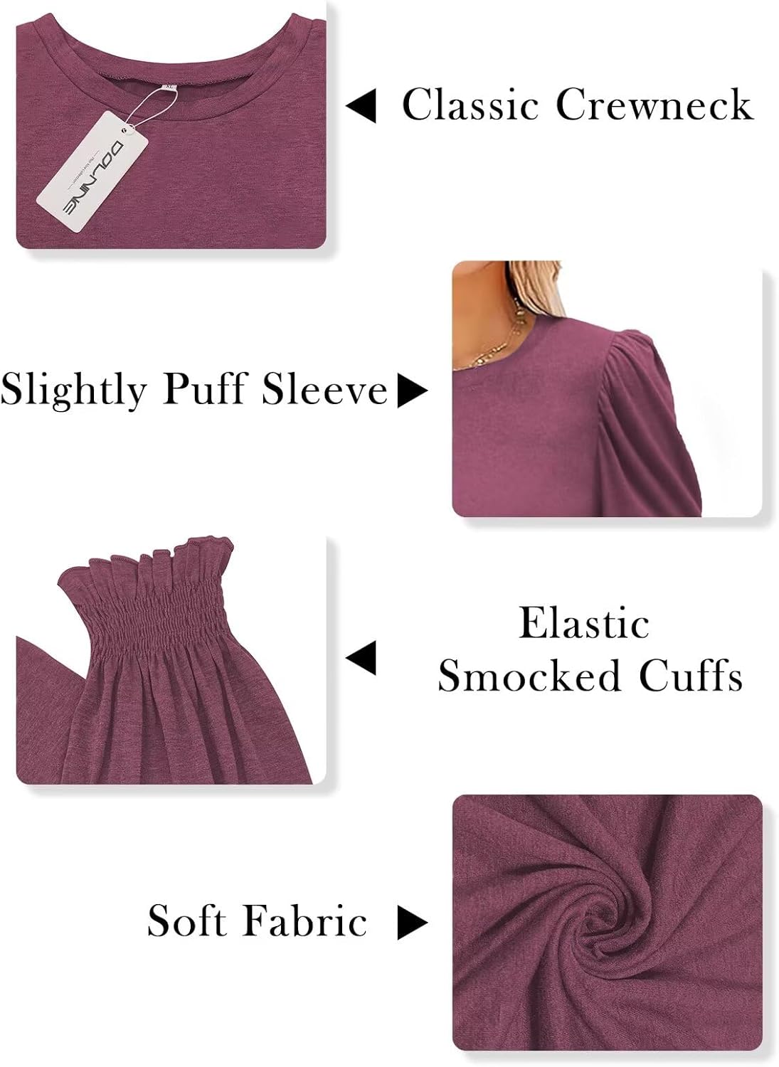 DOLNINE Womens-Plus-Size-Tops Dressy Puff Sleeve Casual Smocked Cuffs Tunic Shirts XL-5XL - Image 3