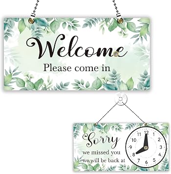 PLIGREAT Open Closed Sign for Bussiness, Watercolor Leaves Open Signs Double Sided Welcome Hours Plaque for Retail Store Bar Bakery Shop Window Wall Decor Hanging Door Sign with Chain