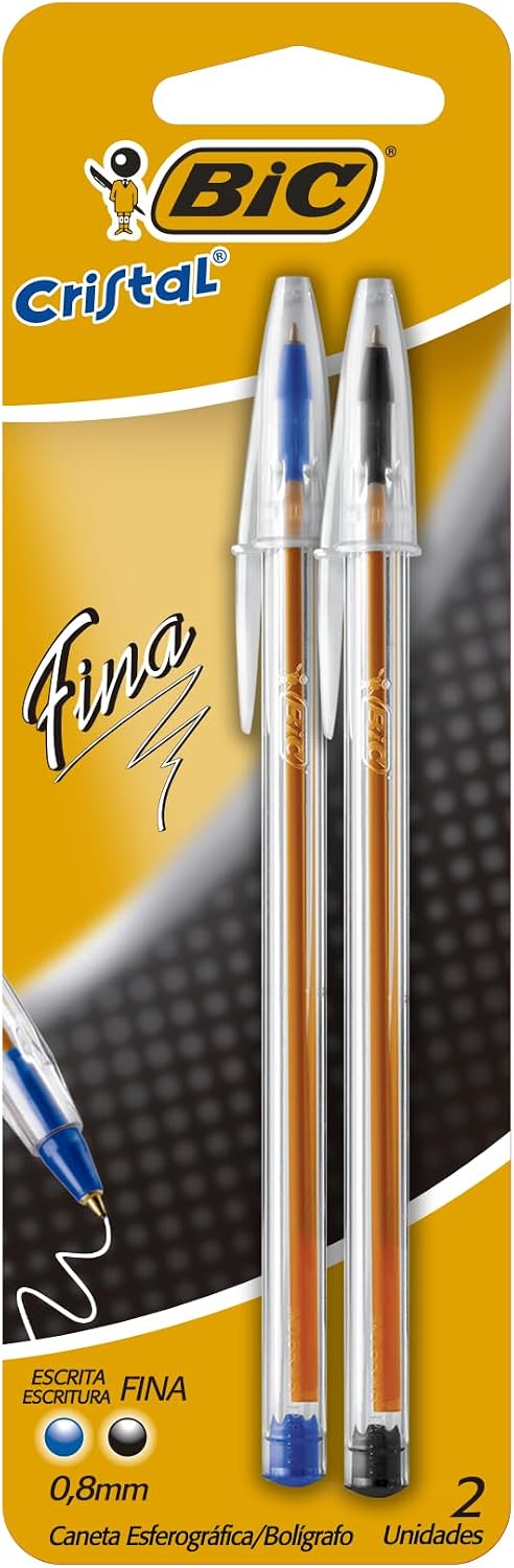 BIC, Caneta Esferográfica Escrita Fina, Cristal Fina, Azul e Preta, 2 Unidades BIC, Caneta Esferográfica Escrita Fina, Cristal Fina, Azul e Preta, 2 Unidades