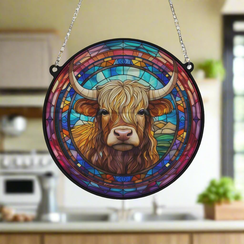 Highland Cow Stained Glass Effect Suncatcher - Garden Gift - Animal Lovers - Highland Lovers (19cm), Multicolored - Image 4