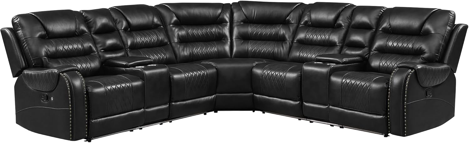 Harper & Bright Designs 113.5" Manual Reclining Sectional Sofa Set L Shaped Symmetrical Motion Sofa Corner Couch Sets with Storage Boxes, 4 Cup Holders and LED Light Strip for Living Room,Black