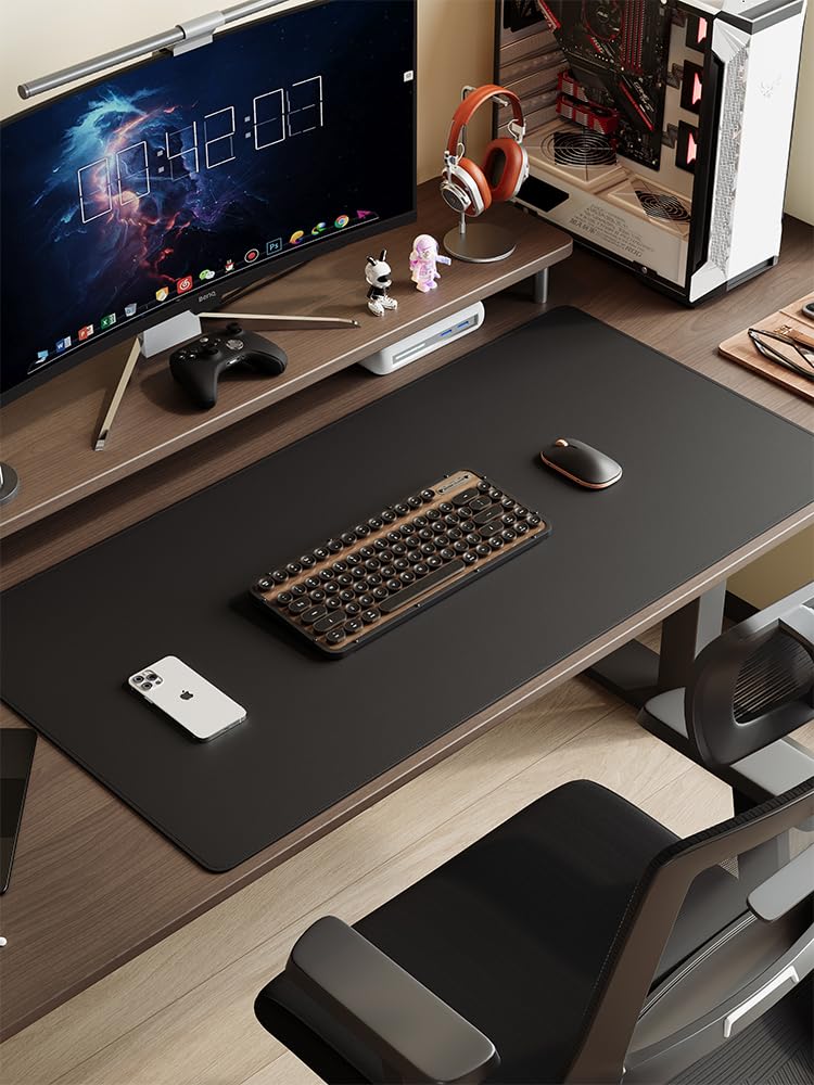 Dual Sided Leather Desk Mat, Non-Slip PU Leather Large Mouse Pad, Waterproof Desk Mat for Home Office and Decor(23.6" x 11.8" Black)