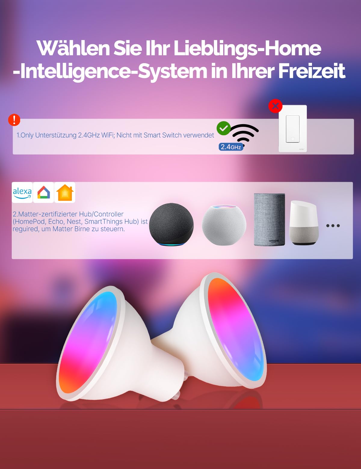 MOES Matter Alexa Smart Glühbirne GU10, WLAN RGB LED Lampe, Dimmbar, 2700K-6500K Warmweiss & Kaltweiß, Musiksynchronisation, 16 Mio. Farben, Kompatibel mit Apple Home&Alexa & Google Home 4Pack
