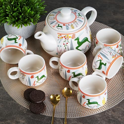 Image of CRAF10 Ceramic Handcrafted Green Stag Printed Tea Morning Set - 1 Kettle (1 Litre) & 6 Cups (160 ML) | Microwave & Dishwasher Safe | Teapot | Tea Sets with Kettle for Gifting