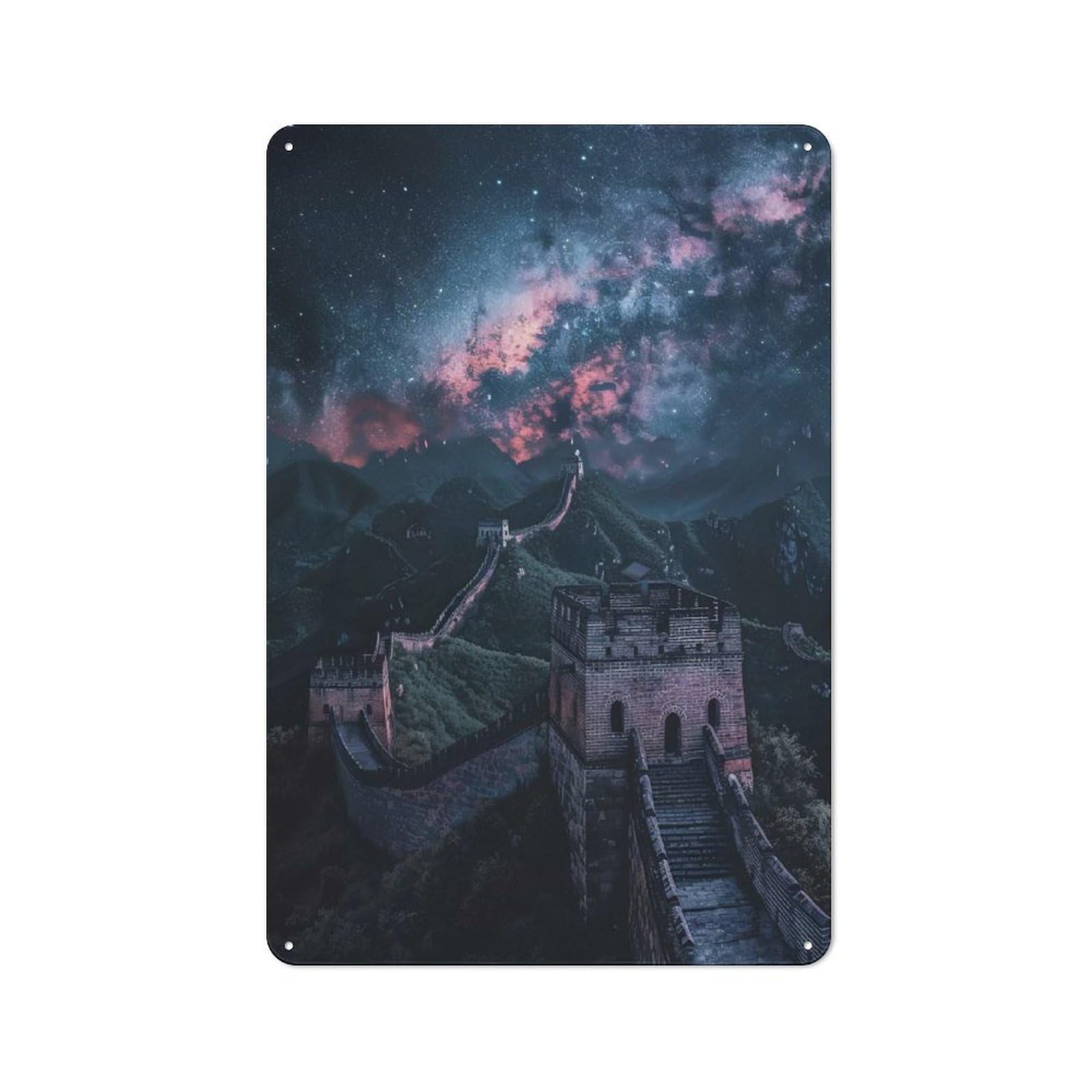 Starry Great Wall of China Clean Industrial Metal Wall Decor 30x20cm, Decorative Metal Plaque for Workspace, Cafe, Hallway Or Garage