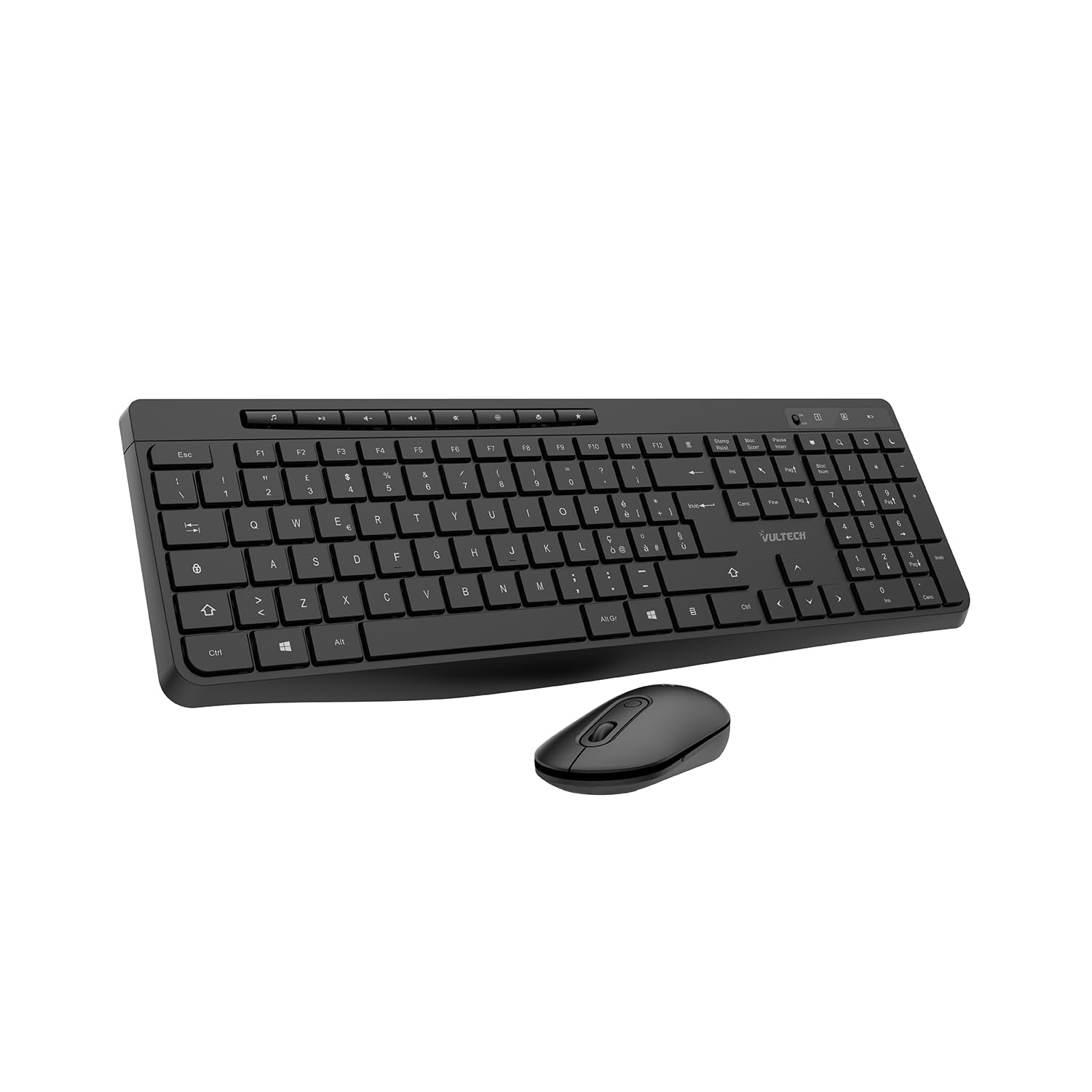 VulTech KM-841W Silent Wireless Keyboard and Mouse Kit Italian QWERTY Layout. Slim Design, Numeric Keypad, 12 Multimedia Keys, Liquid Protection, PC/Laptop, Windows/Mac/Linux, Black