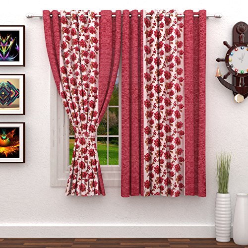 Image of Story@Home Combo Set of 4 Piece Modern Polyetser Eyelet Floral Pattern Ringtop Printed Window Curtains - 5 Feet, Red and Pink