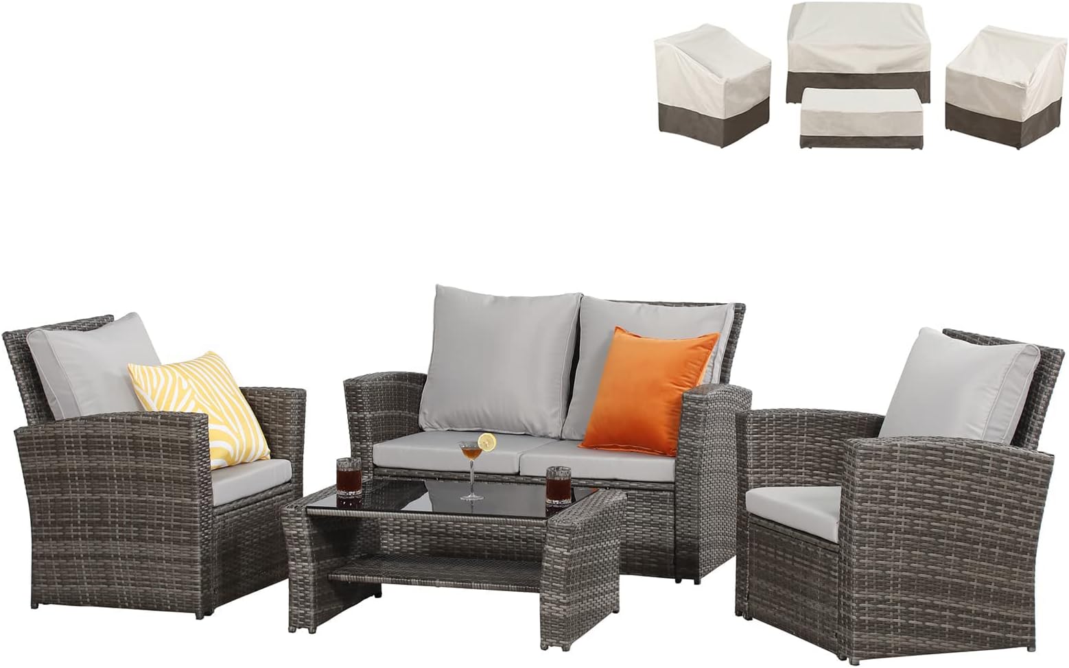 Solaste Patio Outdoor Furniture Set with Covers, 4 Piece Rattan Patio Couch Sofa Chair with Cushions, Deck Porch Wicker Conversation Set