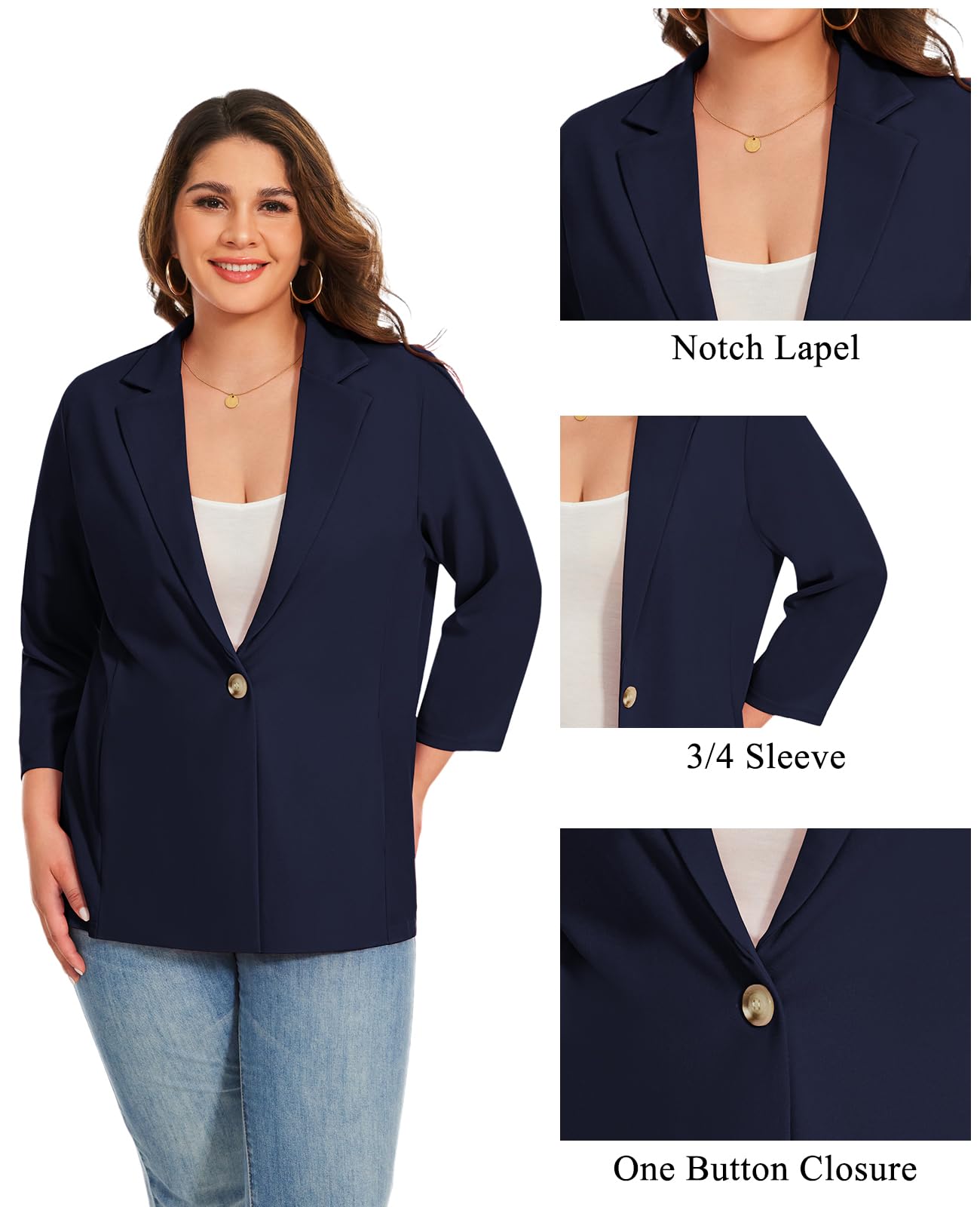 XL-5XL Blazer à manches 3/4 grande taille Blazer à revers cranté Veste semi-doublée pour femme Costumes et blazers à un bouton avec poches intégrées Veste de jour comme de nuit
