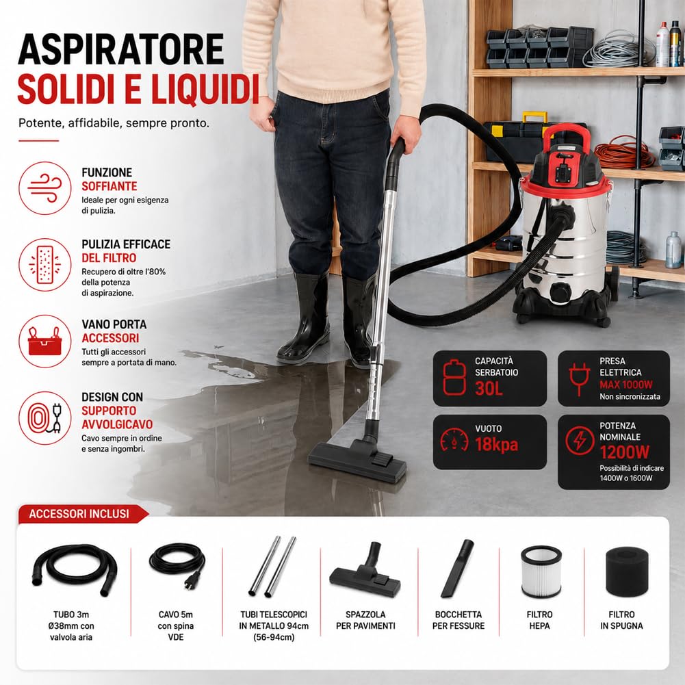 BAKAJI Aspirapolvere Professionale per Liquidi e Solidi Potenza 1200 W, Aspiratutto Aspiraliquidi con Filtro Interno, Filtro HEPA, Tubo Aspirante Flessibile e Bidone in Acciaio Inox da 30 Litri