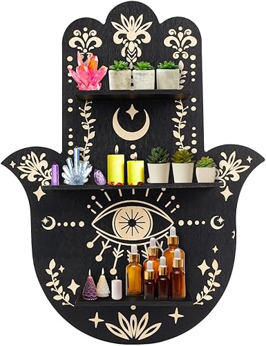 INFUNLY Estante de cristal para decoración de pared Hamsa, soporte de cristal de madera, estante de cristal de mano Hamsa, decoración de cristal