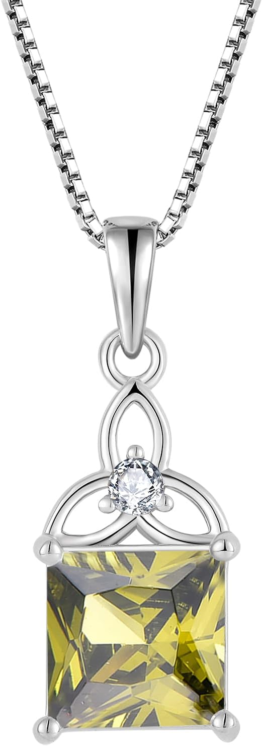 Celtic Trinity Knot Necklace 925 Sterling Silver Princess Cut Birthstone Pendant Necklace Irish Good Luck Jewelry Gifts for Women