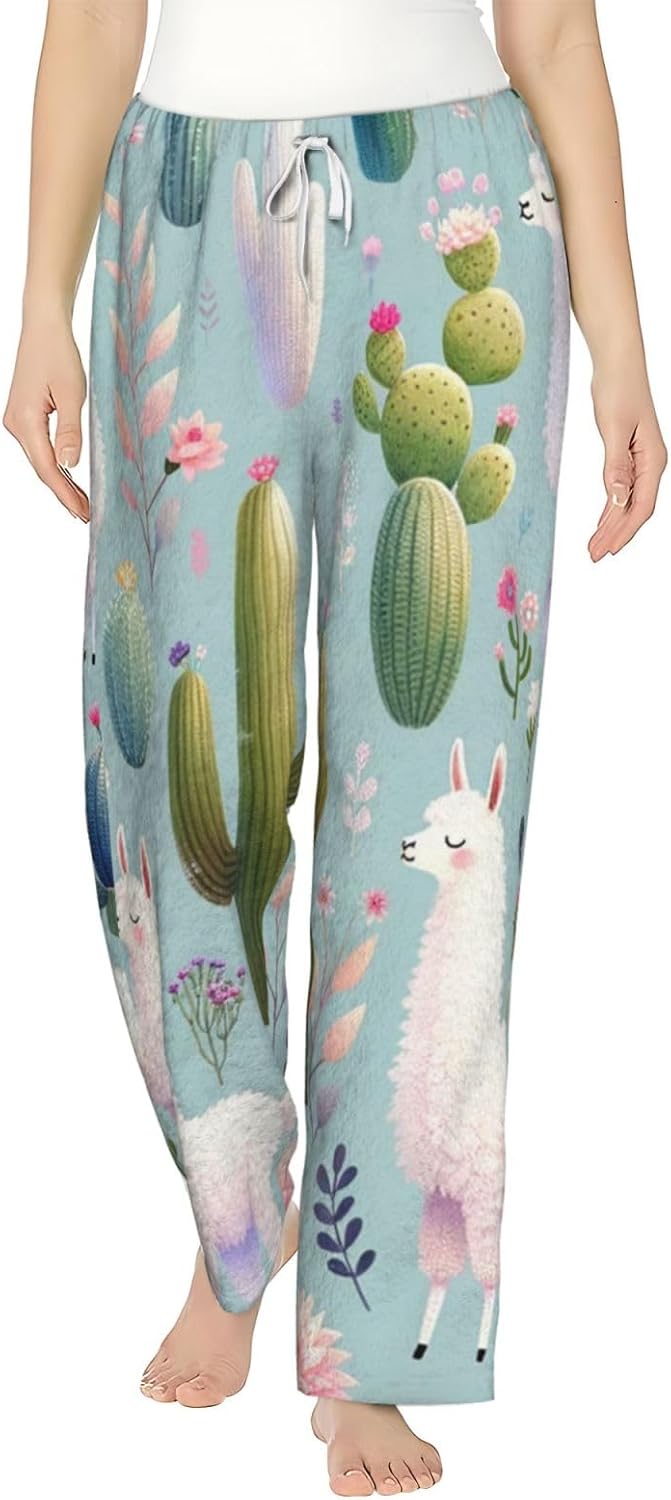 Women'S Cute-Llama-Cactus Fleece Pajama Pants, Cozy Flannel Lounge Bottoms For Women