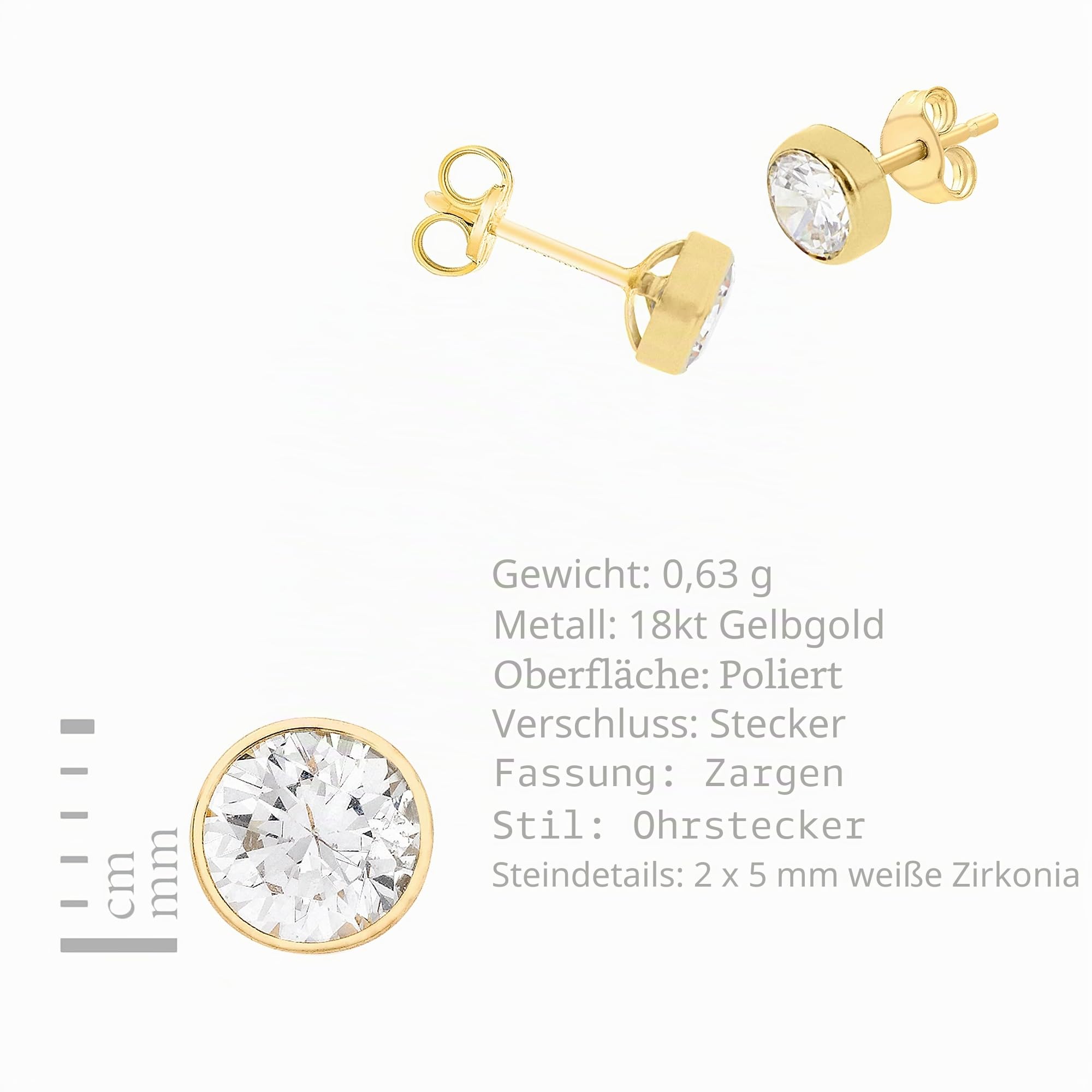 Damen 18k (750) Gold 5 mm Rund Cubic Zirkonia Ohrstecker