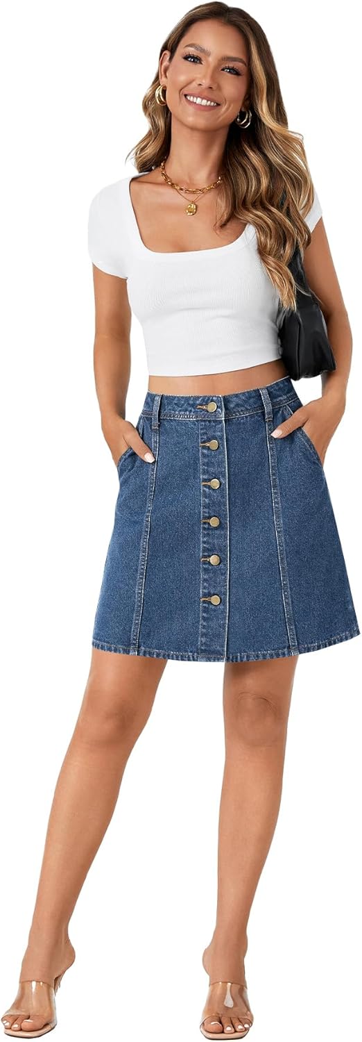 Rooscier Women's Button Down High Waisted A Line Jean Mini Denim Skirt with Pockets