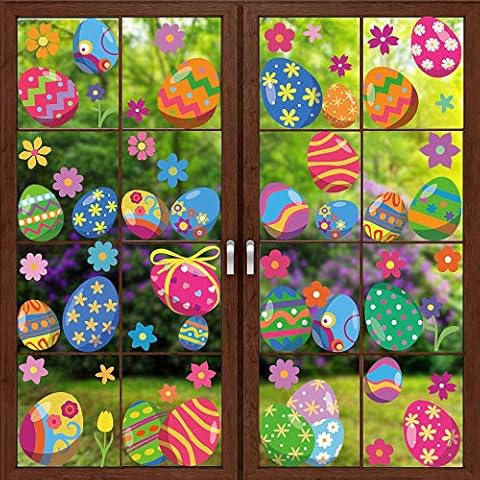 VEYLIN 6Sheets 80Pcs Easter Eggs Window Clings, Removable Eggs Window Static Sticker for Easter Window Decoration Cover