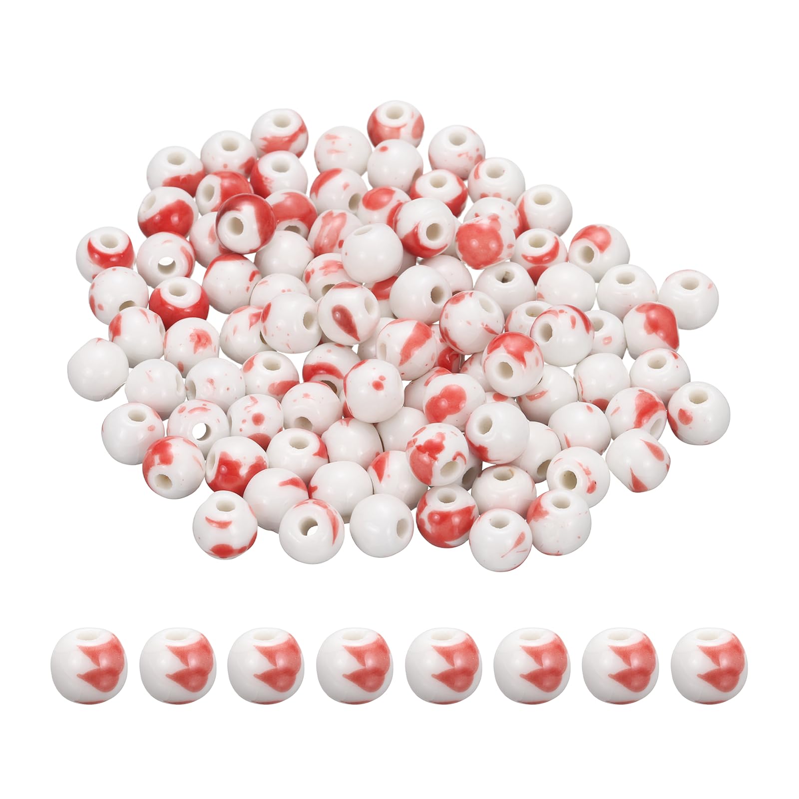 PATIKIL 100 Pcs Porcelain Beads, 8 mm Round Ceramic Handmade Spacer Loose Beads for Bracelet Necklace Earring Jewelry Making DIY Crafts, White Red Spotted
