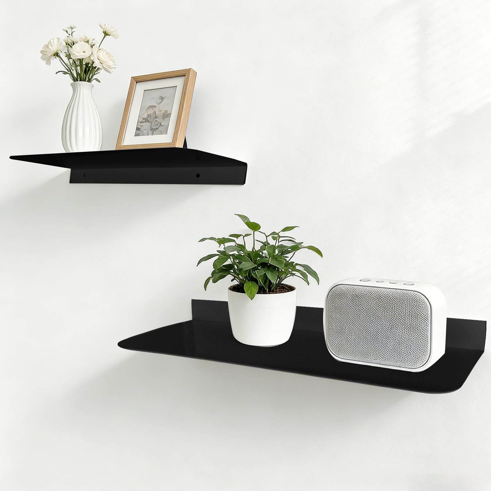 2 Piece Set Metal Floating Shelf Black Floating Shelves for Wall Storage Shower Caddy No Drill Wall Mounted for Display Storage in Any Room (Black)