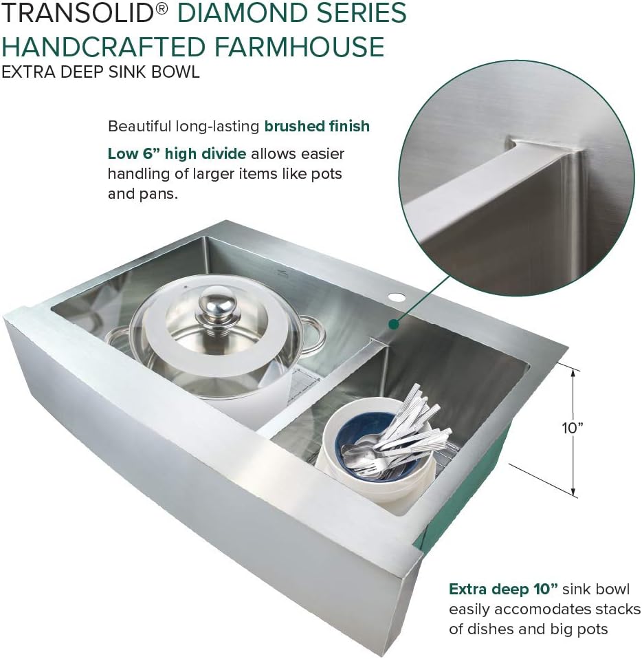 Transolid KKM-DTDOF362510-3 Diamond 35.8-in L x 25-in W 60/40 Double Bowl Farmhouse Apron Front Kitchen Sink and Accessories Kit with 3 Pre-Drilled Holes in Stainless Steel