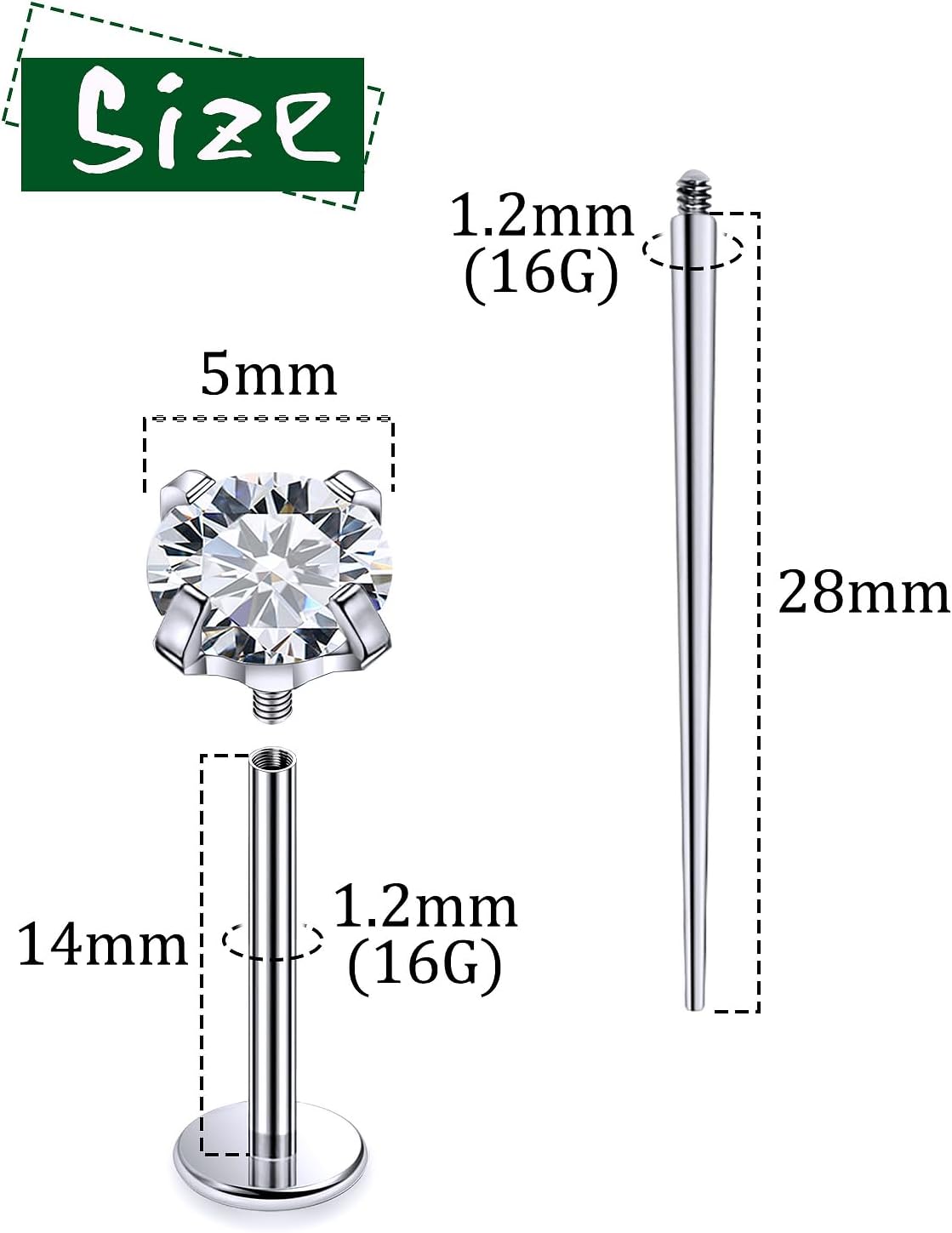 F136 Titanium 16/14g Cheek Dimple Piercing Jewelry for Cheeks 14mm 16mm 19mm Flat Back Tongue Rings Extra Long Lip Labret with Changing Tool Pin for Women Men