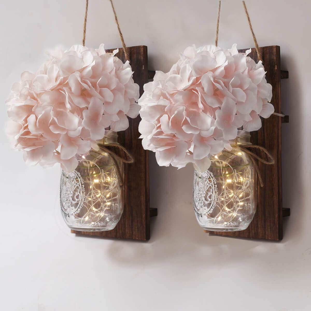 VIEFIN Mason Jar Sconces Farmhouse Wall Decor,Rustic Wall Sconces Home Decor with Remote Control, Silk Hydrangea,Brown Wood Board and LED Strip with 20 Fairy Lights(2 Pack, Pink)