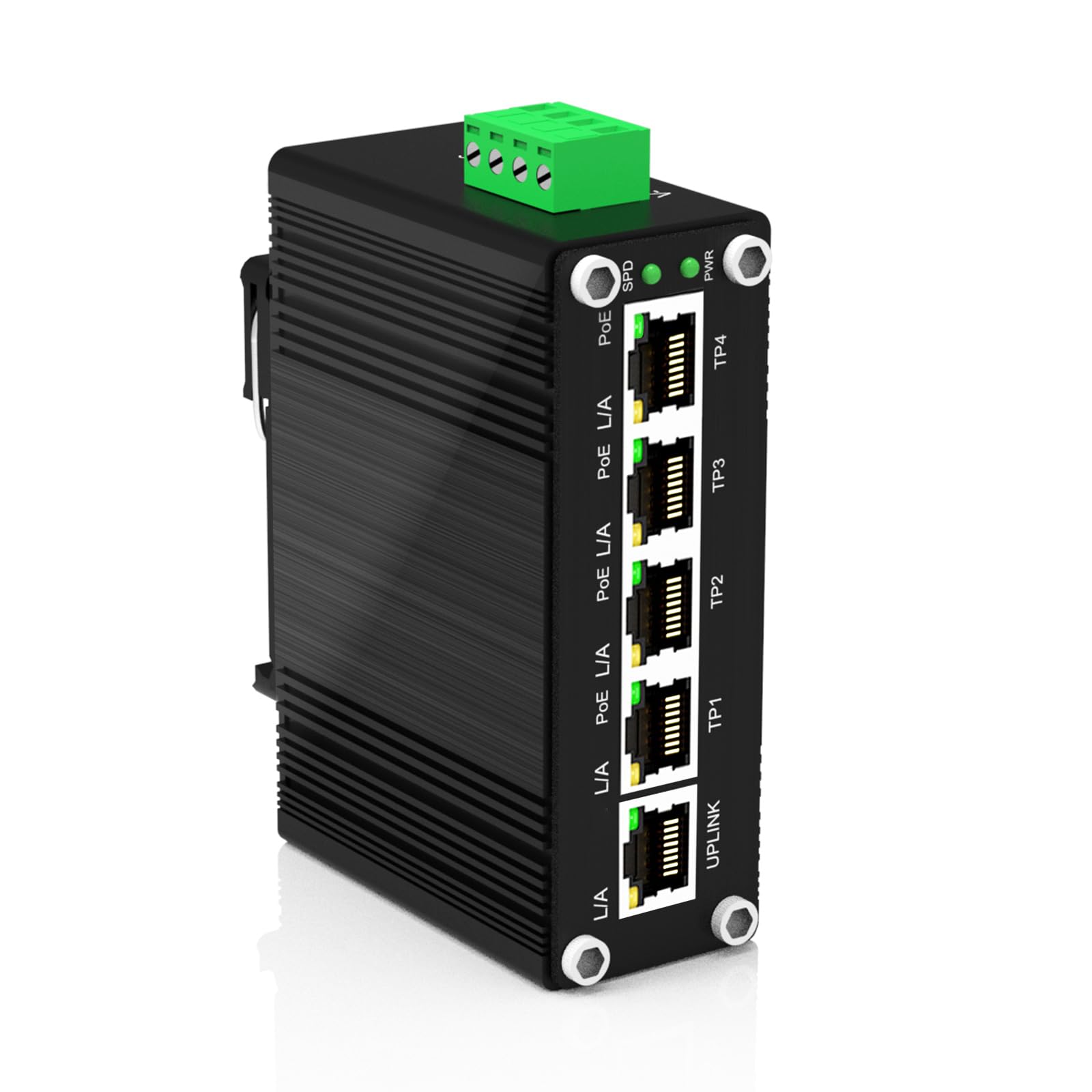 Industry Strength Metal case 4-Port 10/100/1000T PoE + 1- Uplink Port RJ45 Ethernet Switch, 12-48V Power Input, Active 48V PoE Output, IEEE802.3af/at redundant Power Input-image-8