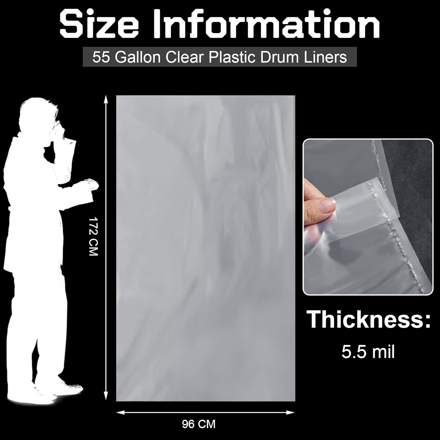 Lewtemi 12 Pack 55 Gallon Clear Heavy Duty Plastic Drum Liner Large Thick Food Storage Bag for Vegetable Marinating Brining Lawn Outdoor Industrial Pail 5.5 Mil Liner (55 Gallon)