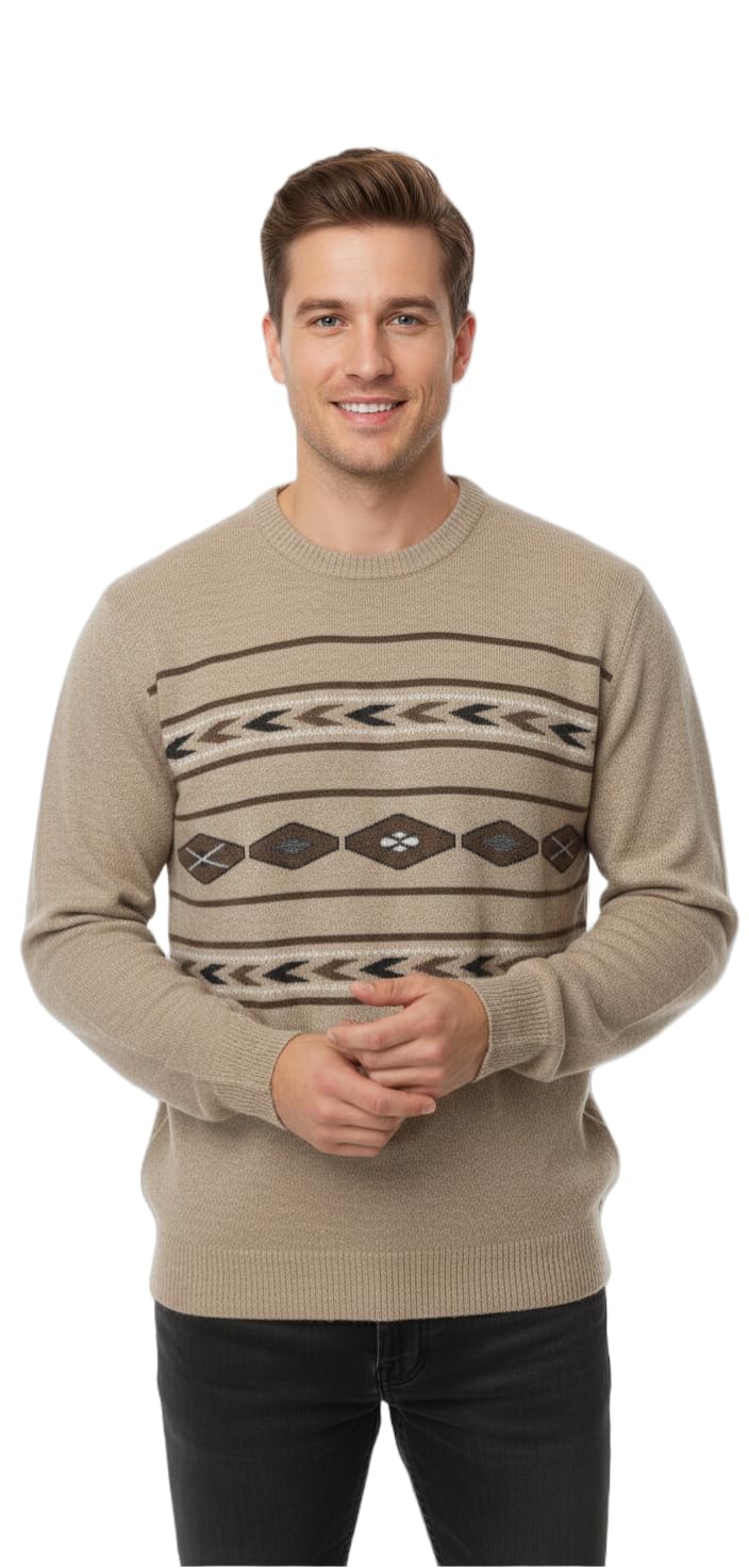 Men's Classic Geometric Pattern Knit Sweater, Beige Cotton Blend, Crew Neck, Long Sleeve Casual Pullover with Diamond Design-picture-54