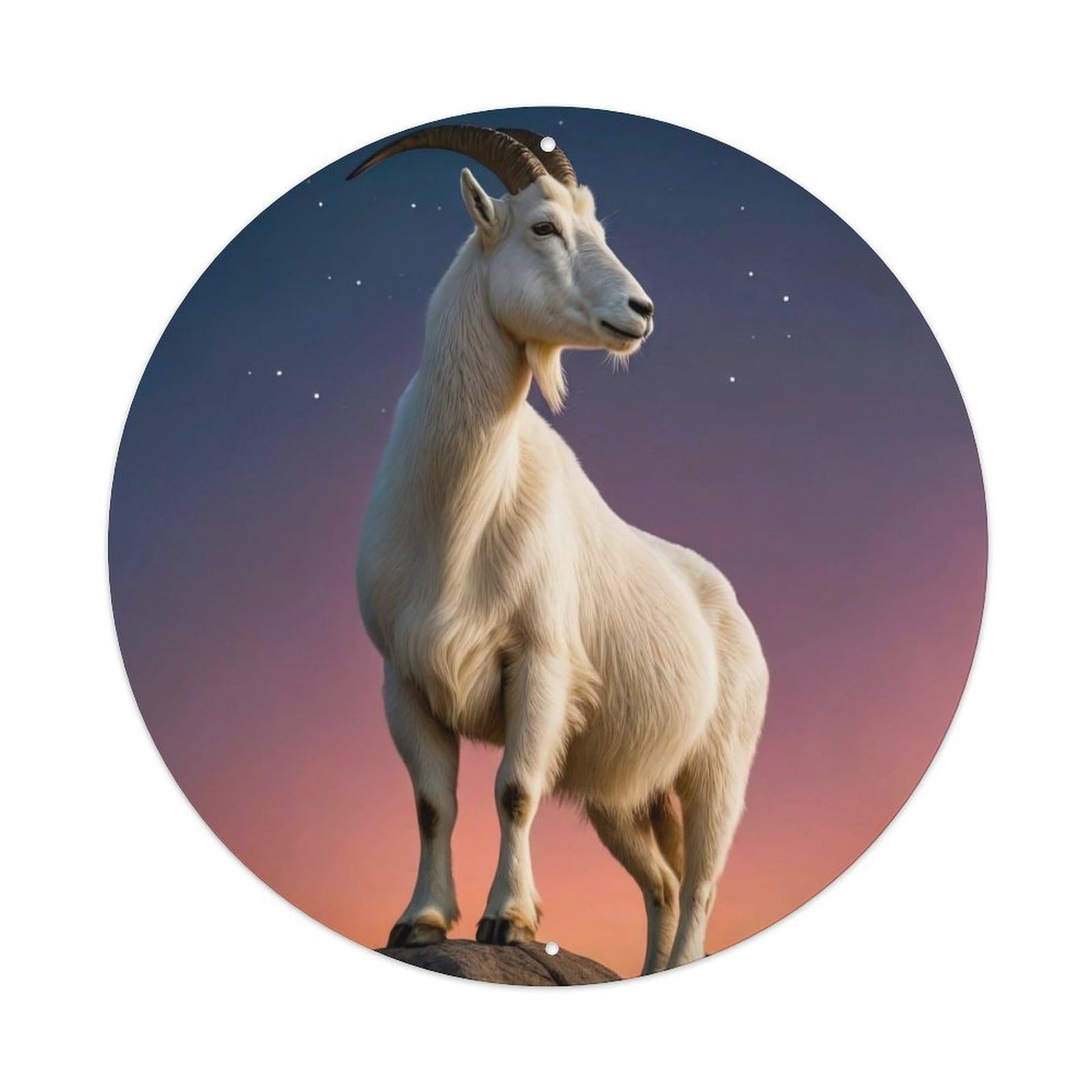 Animal Mountain Goat Ibex at Dusk on Rocky Cliff with Starry Sky Vintage Metal Tin Sign Plaque Wall Decor for Cafe, Club Bar, Office, Garden Metal Poster 8x8Inch