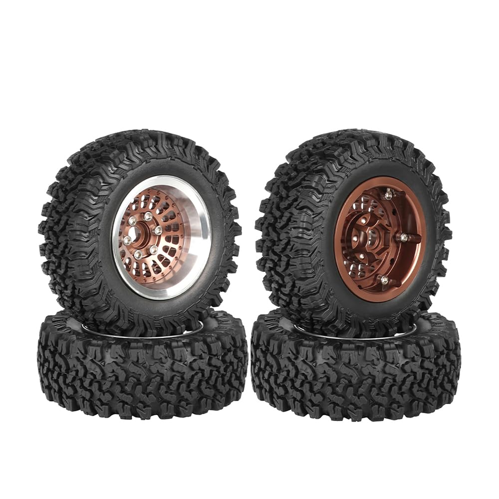 KINGCOO 4PCS 1,9" Beadlock Räder Felgennabe Offset-10mm Aluminium Metall und 90MM Gummireife für 1/10 RC Rock Crawler Auto für Axial SCX10 TRX4 TRX6 D90 TF2 MN UTB18 Upgrade Zubehör (Bronze)