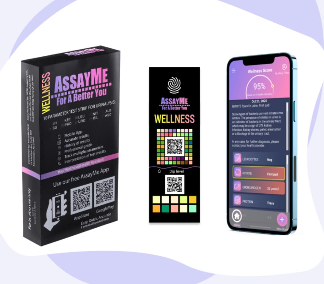 Wellness Urine Home Test Strips with Mobile App. Home Kidney Test Illustrated of Your Health Based on pH, Keto, Protein end More. UTI test strips for women. Urinalysis Test Strips. Liver Test.