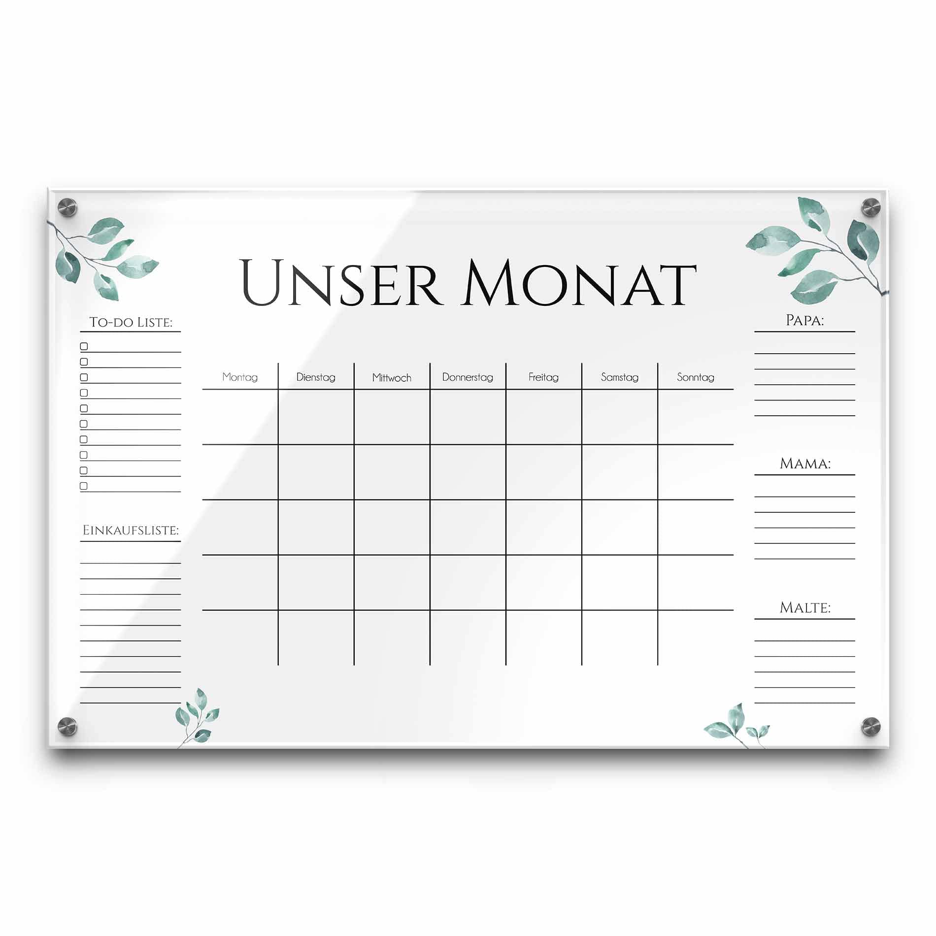 Acrylglas Wandkalender abwaschbar - Wochenplan personalisiert mit eigenen Namen - Geschenkidee Frauen Mama - Familienplaner beschriftbar - Familienplanung - ca. 60x40 cm