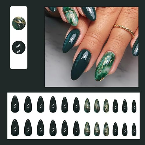 Miniatura 2 de SHANRUN - Juego de 24 uñas postizas a presión color verde oscuro, uñas postizas cortas a presión, uñas francesas a presión, uñas con pegamento,