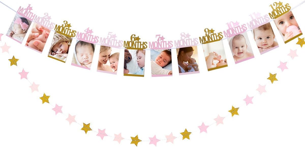1st Birthday Photo Banner for Baby from Newborn to 12 Months, Monthly Milestone Banner for First Birthday Photo Banner for Baby First Birthday Baby Shower Decoration (Gold&Pink)