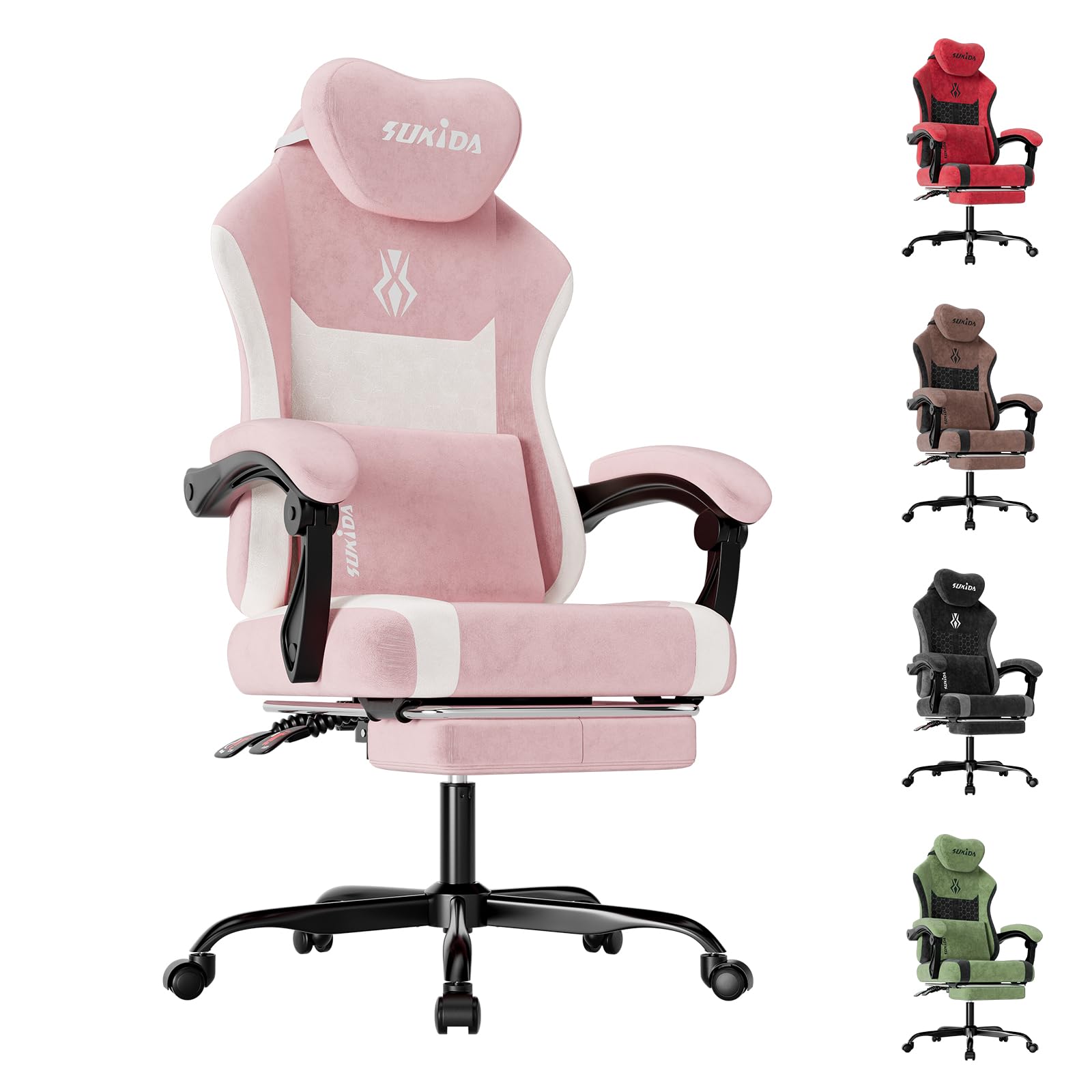 SUKIDA Gaming Stuhl, Ergonomischer Schreibtischstuhl mit Fußstütze Kopfstütze und Lendenkissen, Schreibtischstuhl mit Stoffoberfläche Hochwertiger - Stoff, Rosa