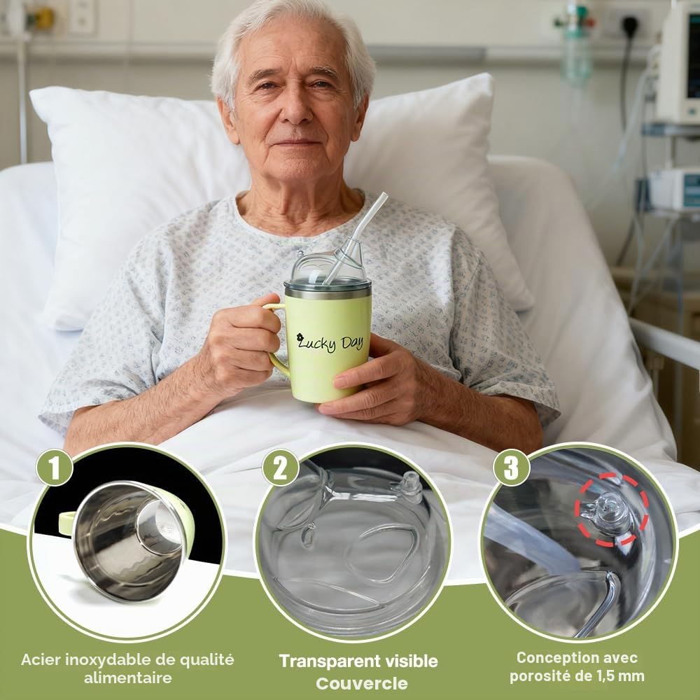 Gobelet anti-déversement 3 en 1 pour adulte HOVCEH, 350 ml, avec couvercle et paille de 30 cm, avec poignée, gobelet en acier