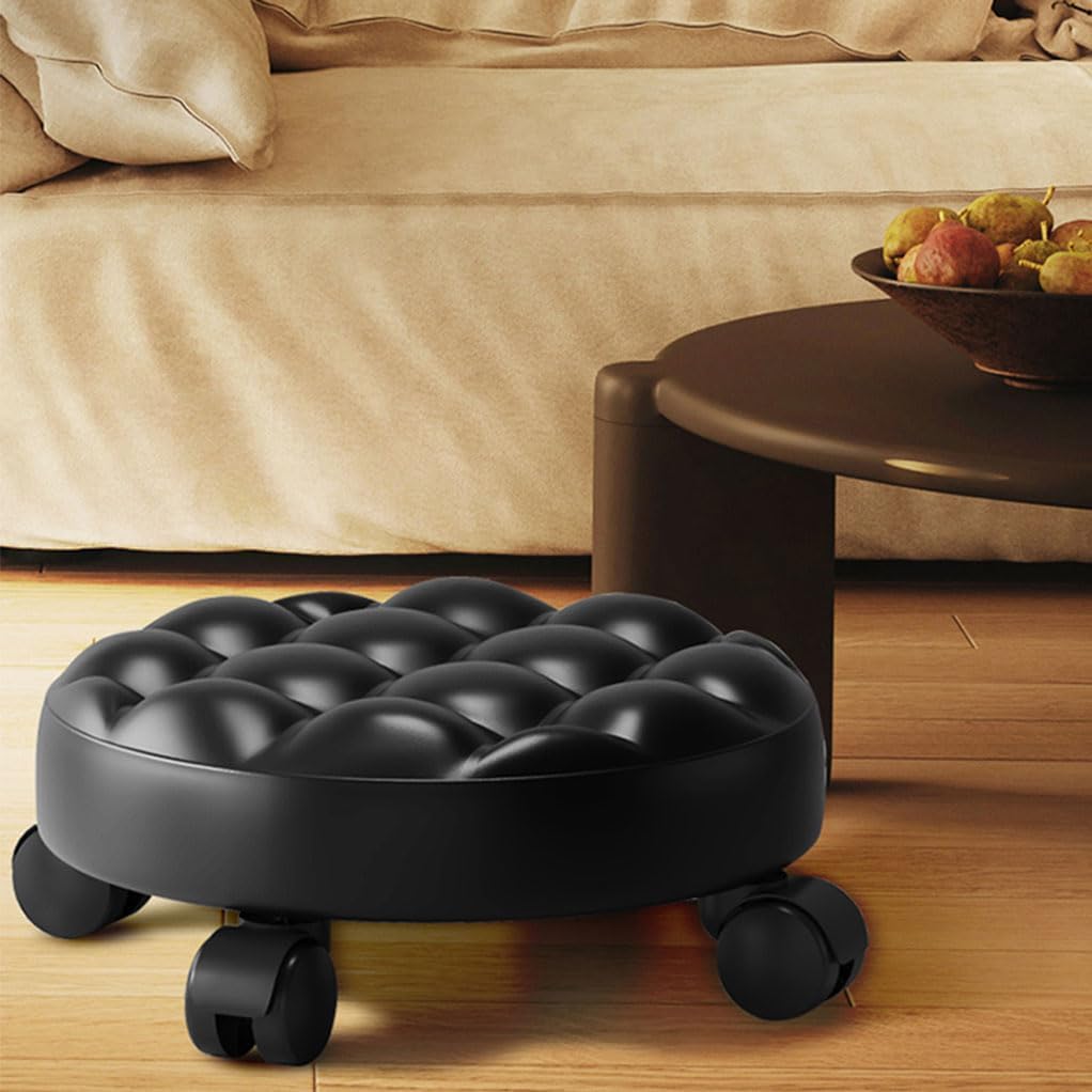 Low Roller Stool with 360° Swivel Wheels, Low-Height Short Rolling Stool Seat, PU Leather Small Mechanic Chair, Rolling Stools for Pedicure, Garage, Shop, Library Black