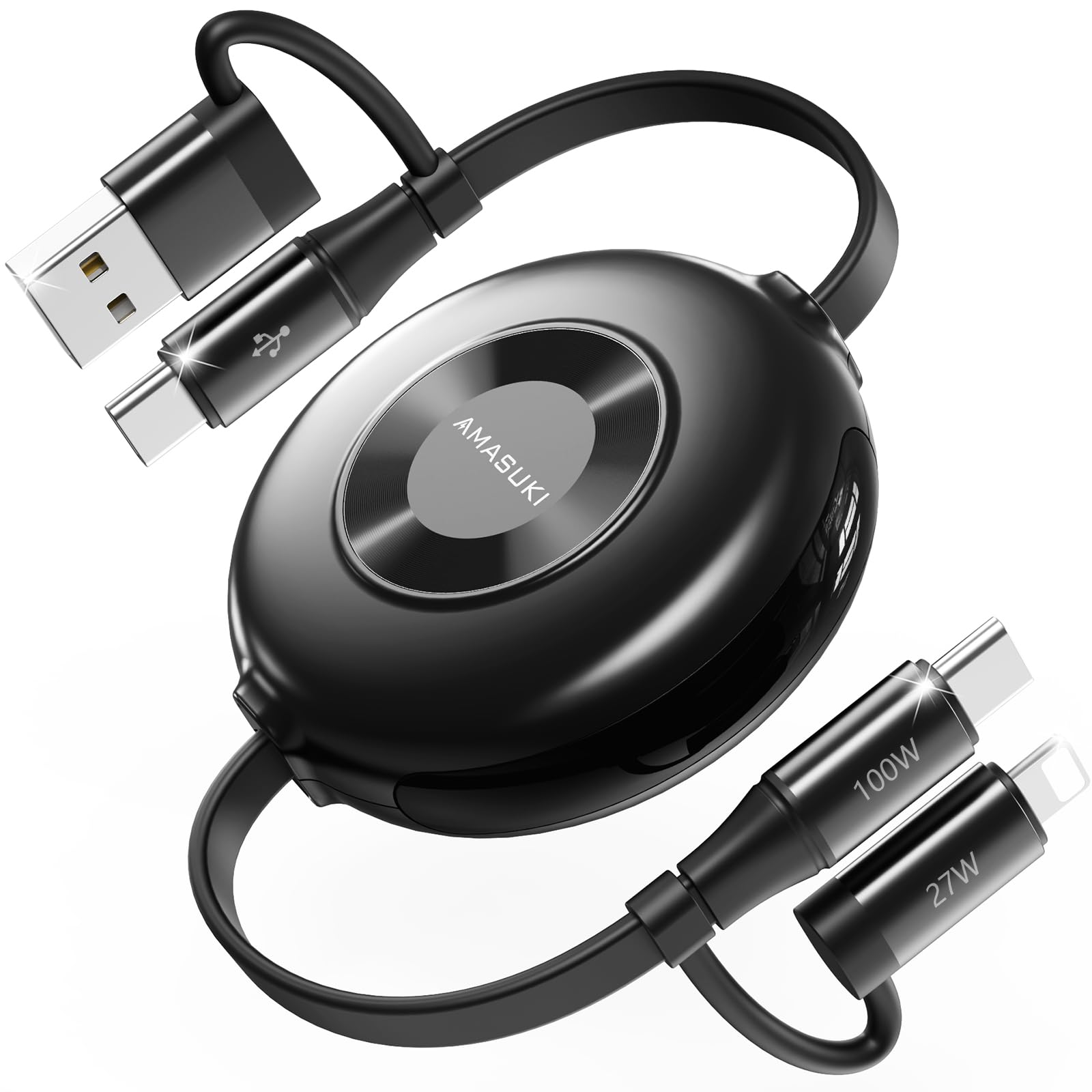 Photo 1 of 100W Retractable Car Charger 4 in 1 Travel Essentials Multi Charging Cable USB C/L Fast & Carplay for iPhone 16/15/14/13 iPad MacBook Samsung S24/S23+ Multiple Chargers for All Devices-2.95ft