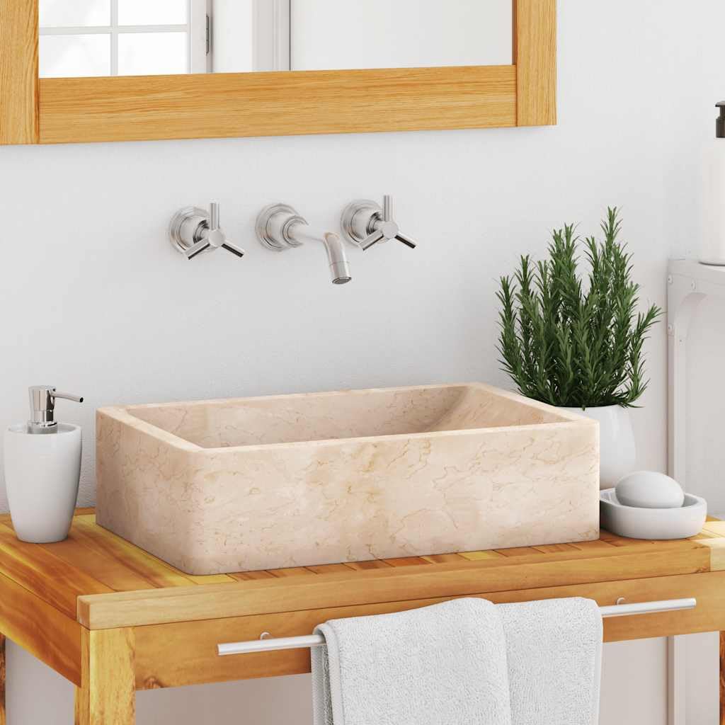 vidaXL Lavabo, Evier de Salle de Bain, Lave-Mains de Toilette Maison Intérieur, Vasque à Poser de Salle d'Eau Marbre Crème Brillant