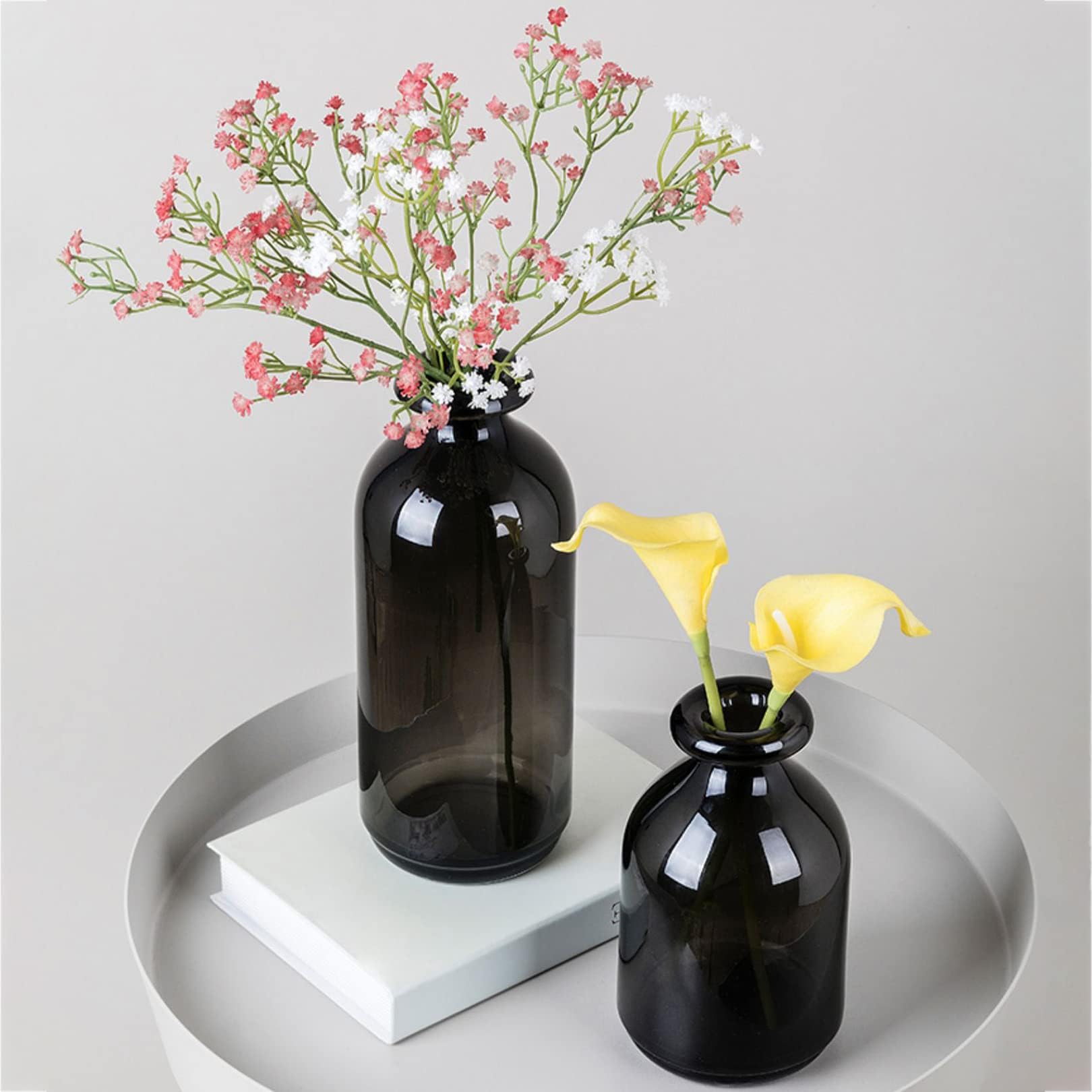 Cutfouwe Schwarze Glasvase für Blumen, Vasen für Tafelaufsätze, handgefertigte Kunstglasblumen, Couchtischdekorationen, Vase, groß und klein