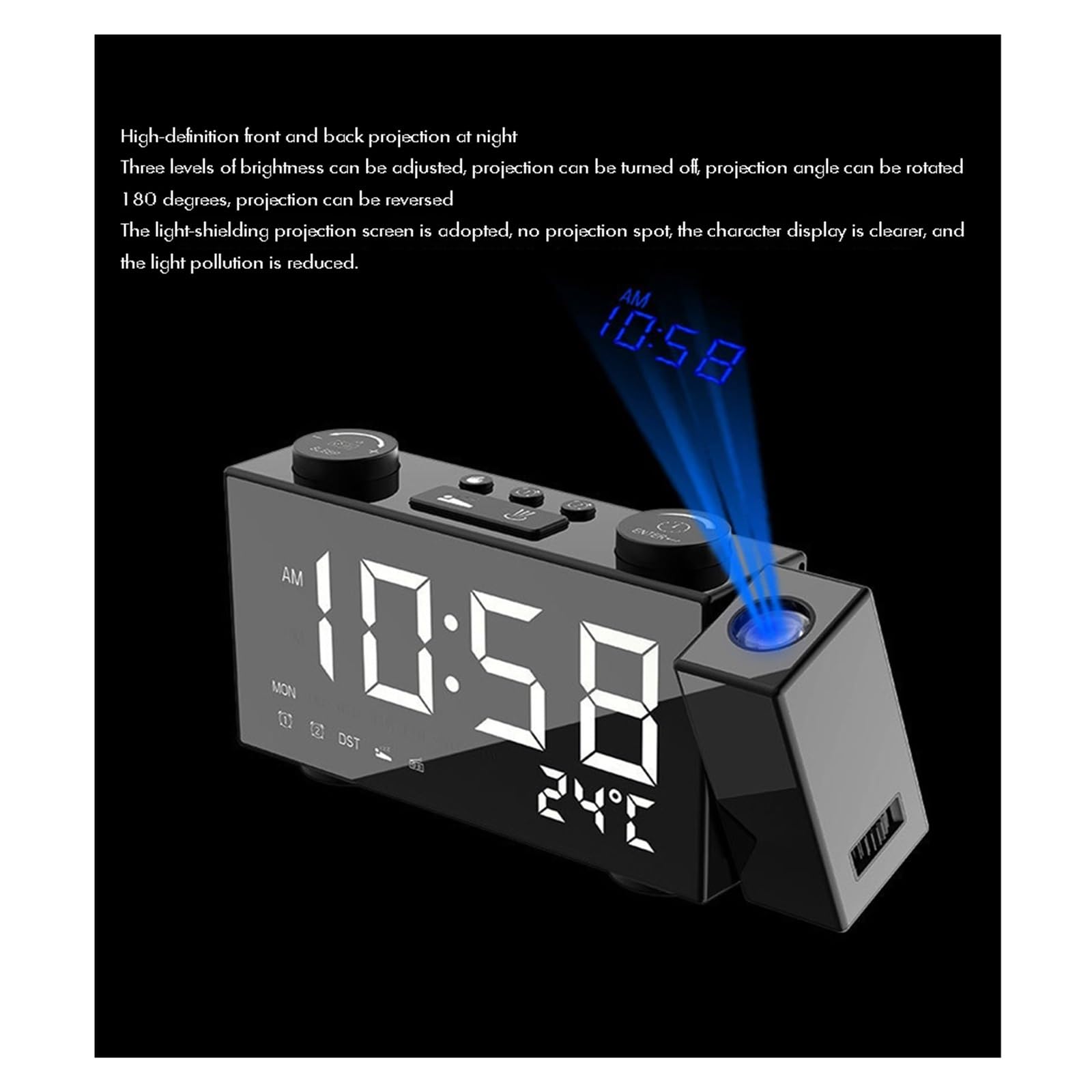 Budzik Z Projekcją Do Sufitu W Sypialni Projektor Zegarem Duży Cyfrowy Wyświetlacz LED Ściemniacz Ładowarka USB WyraźNa Projekcja(Blue)