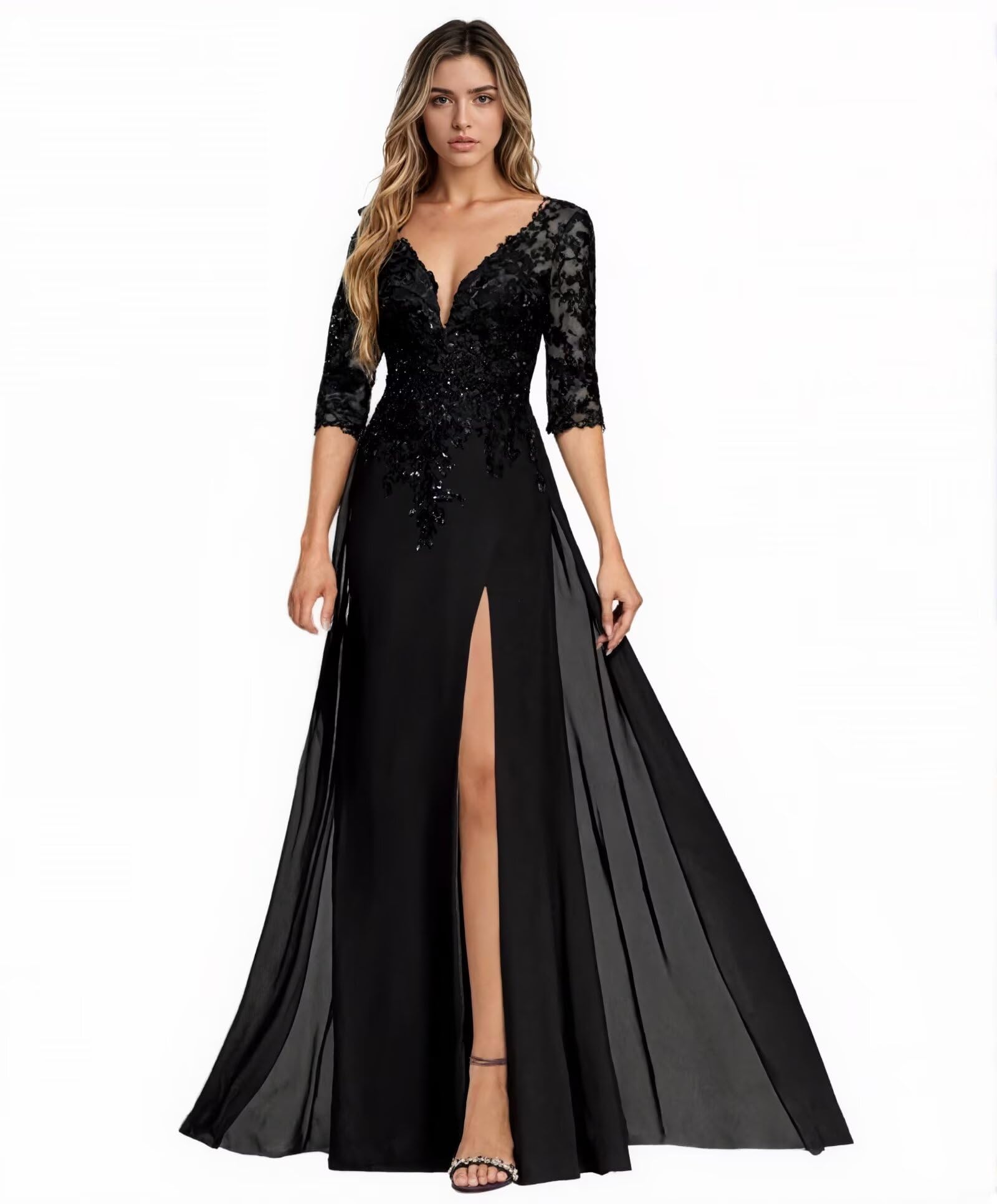 Sincemeet Abito da Sposa per la Madre della Sposa in Chiffon con Applicazioni in Pizzo e Scollo a V, Abito da Donna per la Madre dello Sposo