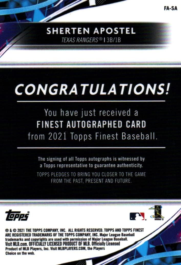 Sherten Apostel Finest Autographed Collectible Rookie Baseball Card - 2021 Topps Finest Rookie Baseball Card #FA-SA (Rangers) Free Shipping