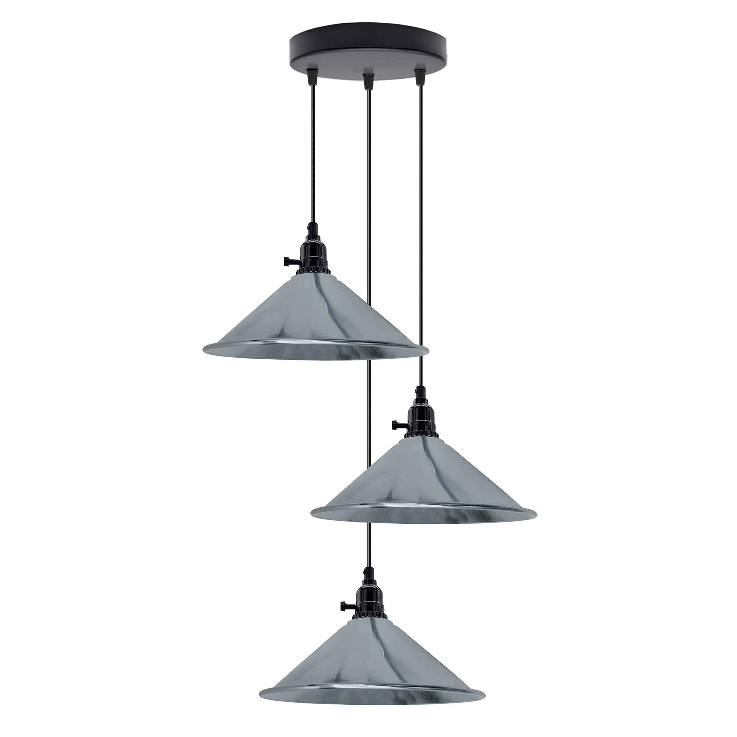 DC VOLTAGE 3 Way 22cm Cluster Ceiling Pendant Light E27 Base Chrome Metal Cone Shaped Light Shade Hanging with Adjustable Hight for Loft Bar Cafe Dining Room Kitchen