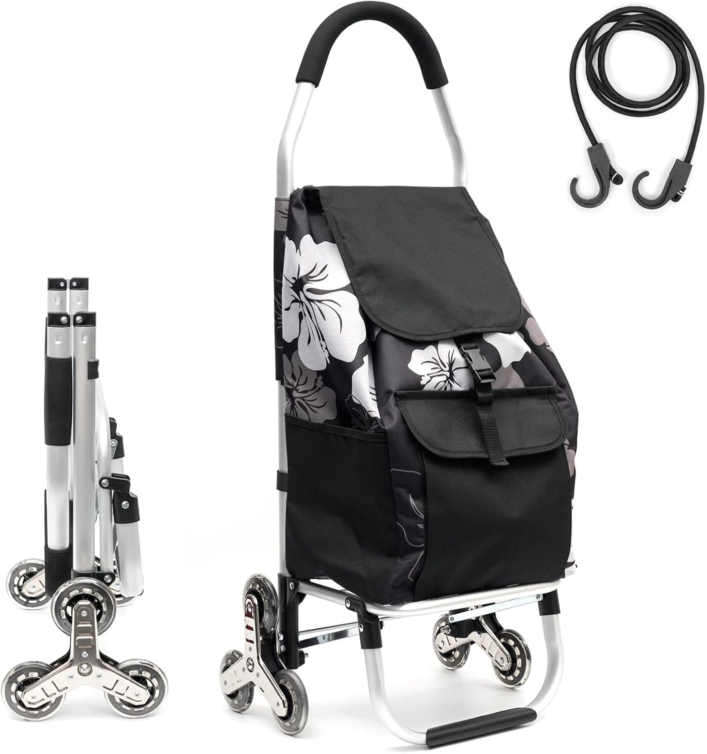 Folding Shopping Trolley 6 Wheels Stair Climber Cart with Removable Bag and Adjustable Elastic Cord 2 Extra Pockets Utility Trolley maximum capacity 50kg 45L (Flower)